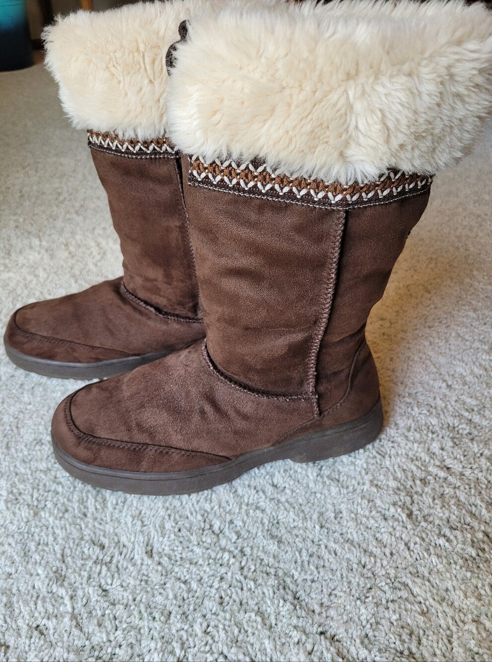 Women's Brown Faux-Suede Winter Boots, Ugg Look- slipper Boots Faux-Fur Cuff 8.5